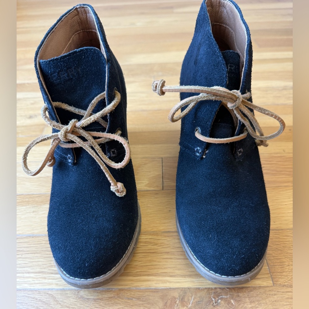 Sperry Top Sider Stella Prow Black Suede Leather Wedge Shoes Women's Size 9M